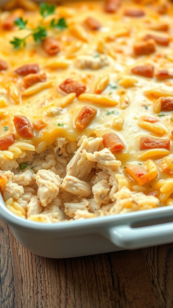 A delicious chicken and rice casserole served in a white dish