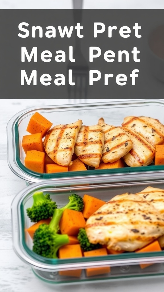 Healthy chicken and sweet potato meal prep bowls with broccoli.
