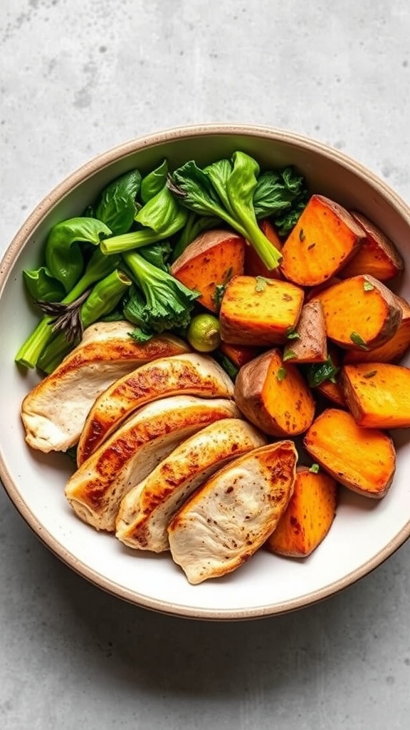 A bowl filled with sliced chicken breast, roasted sweet potatoes, and fresh greens.