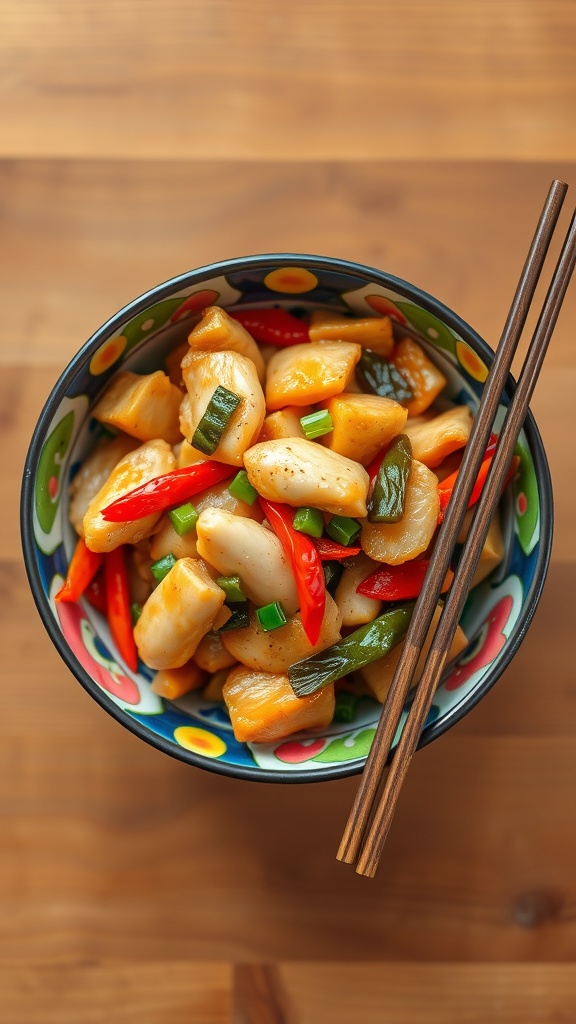 A colorful bowl of chicken and vegetable stir-fry with chopsticks