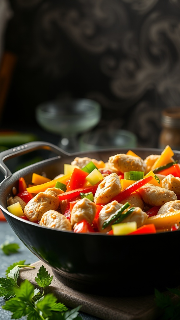 A colorful chicken and vegetable stir-fry in a black skillet, showcasing vibrant bell peppers, zucchini, and chicken pieces.