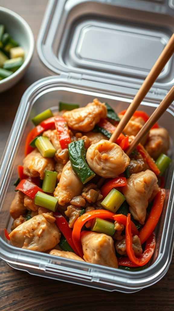 A delicious chicken and vegetable stir-fry in a container with chopsticks.