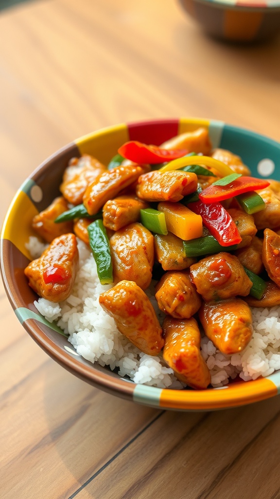 A delicious bowl of chicken and vegetable stir-fry served over rice.