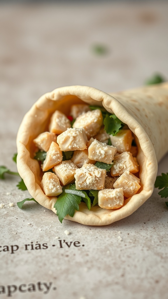 A close-up of a chicken Caesar salad pocket with diced chicken and greens visible.