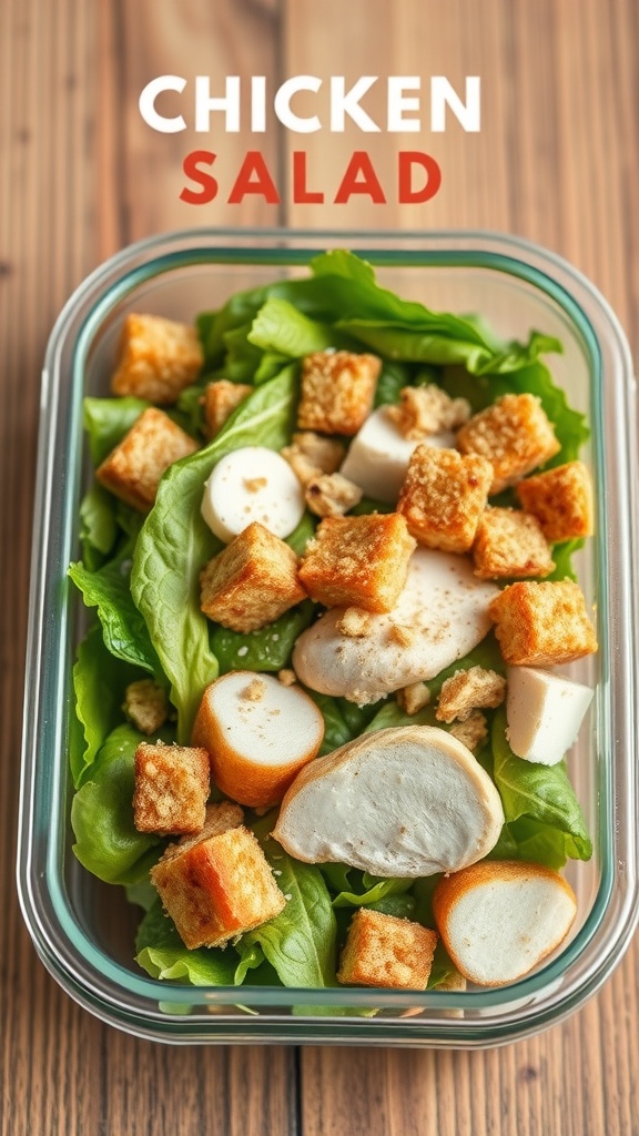 A healthy Chicken Caesar salad with whole grain croutons in a lunchbox.