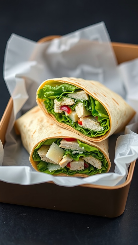 A chicken Caesar salad wrap cut in half, showcasing the filling of chicken, lettuce, and dressing inside a tortilla.