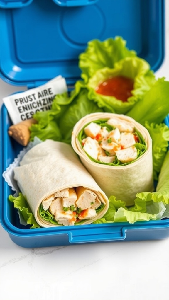A lunchbox containing chicken Caesar wraps with lettuce and dipping sauce.