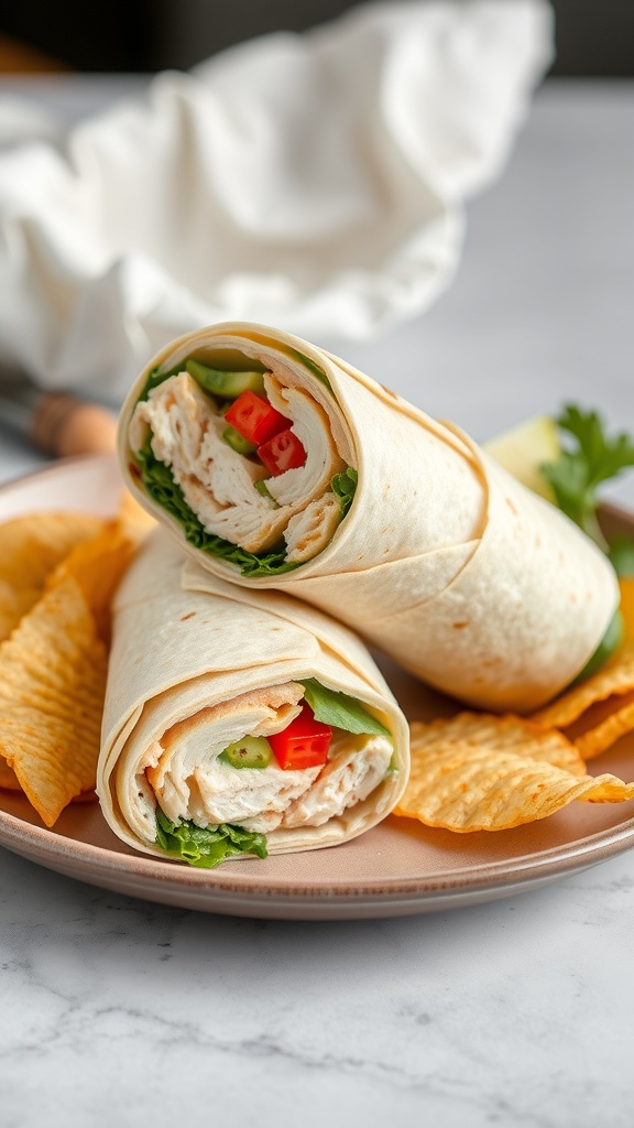 Two Chicken Caesar wraps with lettuce and tomatoes on a plate with chips.