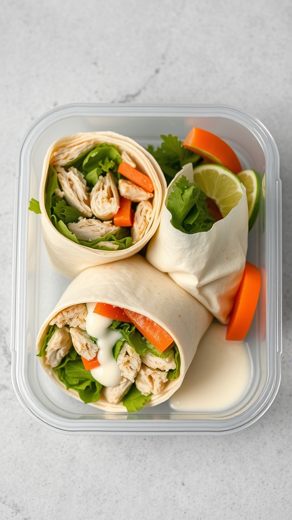 Chicken Caesar wraps in a container with fresh vegetables