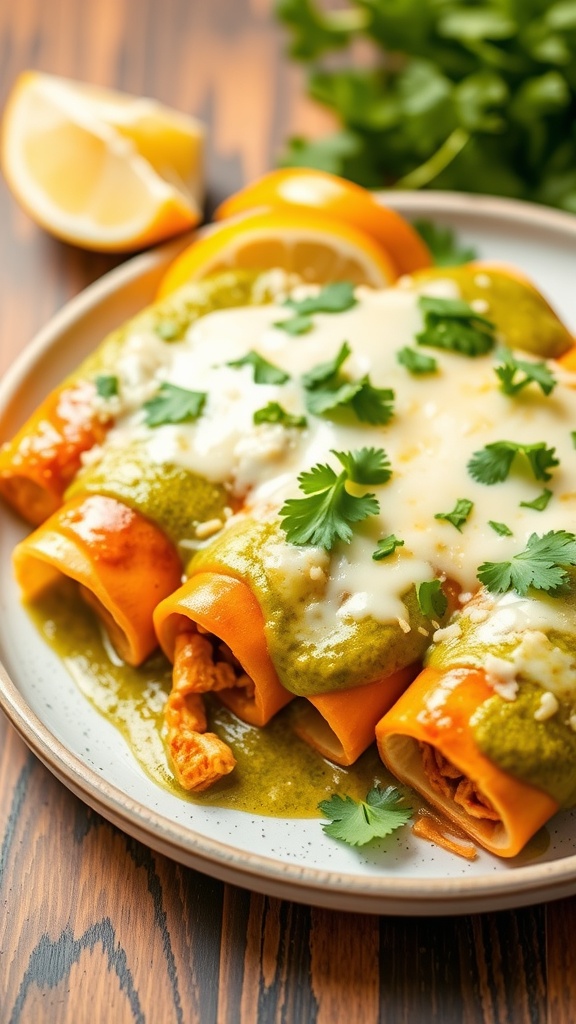 A plate of chicken enchiladas topped with green sauce and garnished with cilantro.