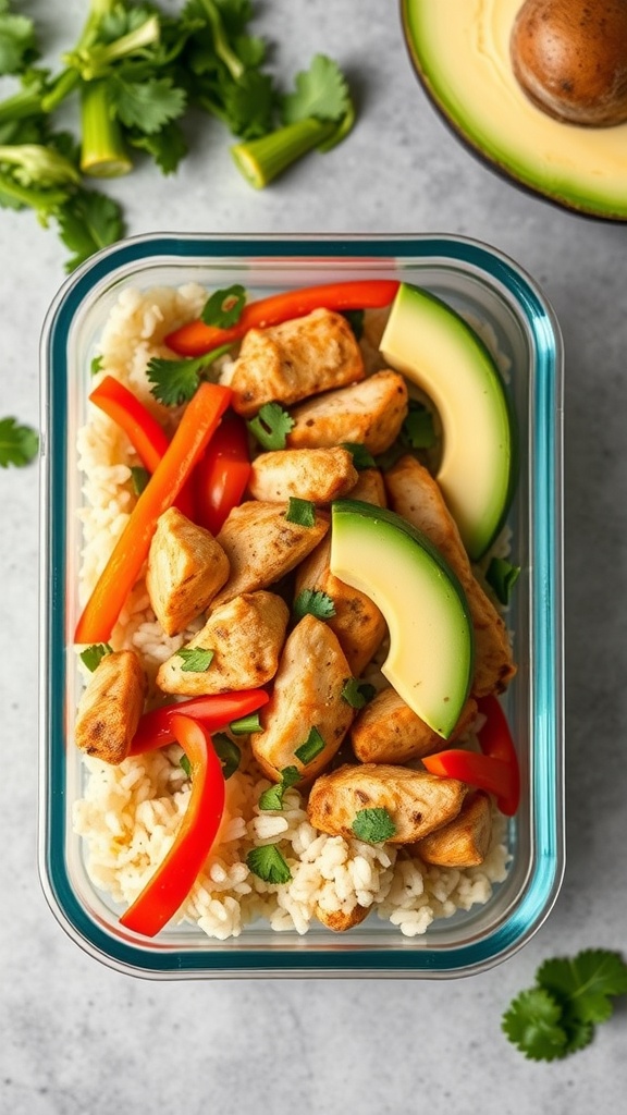 A colorful Chicken Fajita Bowl with diced chicken, bell peppers, avocado, and cauliflower rice in a meal prep container.