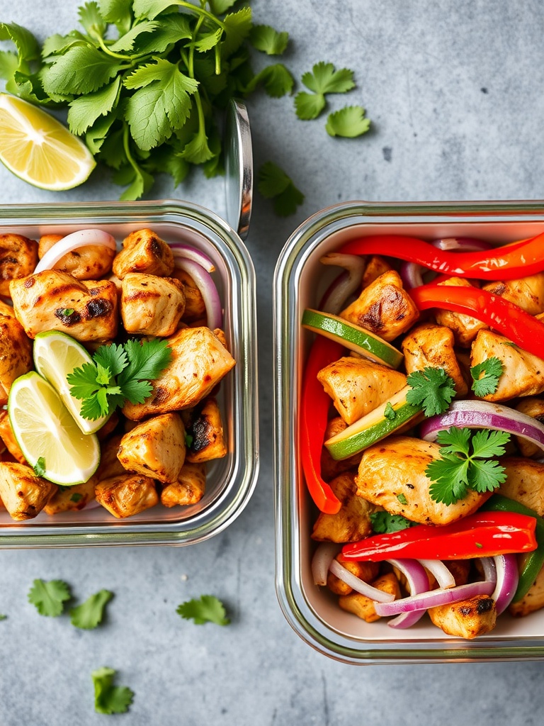 Colorful Chicken Fajita Meal Prep Bowls with chicken, bell peppers, onions, and cilantro