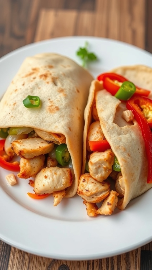 Two chicken fajita wraps filled with grilled chicken, bell peppers, and jalapeños on a plate.