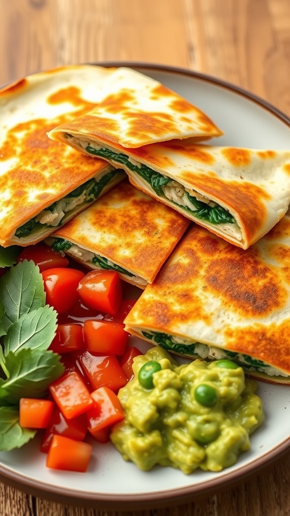 Delicious chicken quesadillas with spinach served with fresh tomatoes and guacamole.