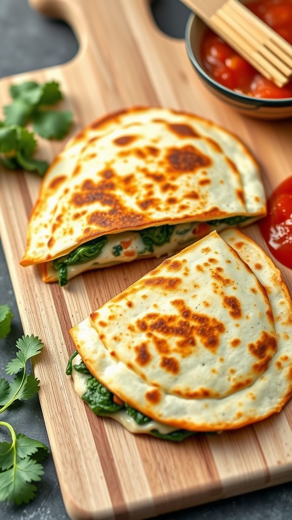 Delicious chicken quesadillas with spinach and cheese, served with salsa.