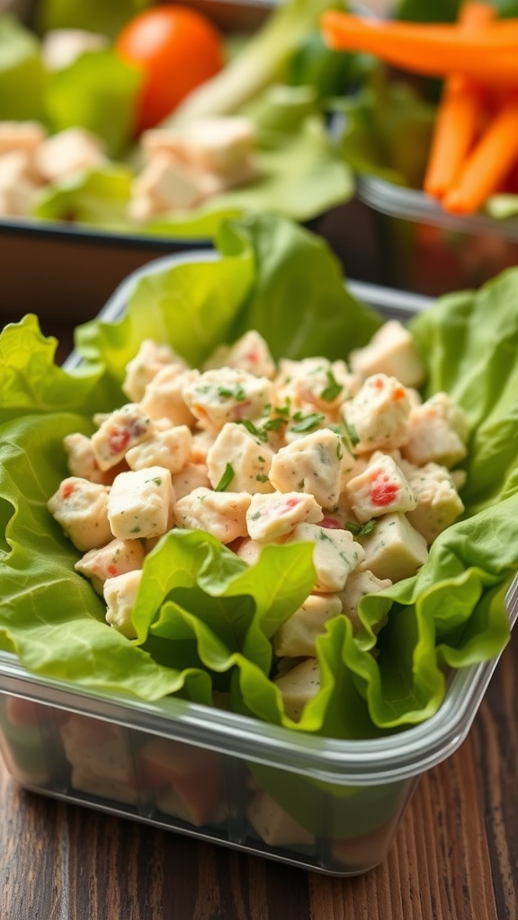 A close-up of chicken salad served in lettuce wraps.