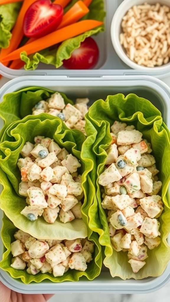 A lunchbox containing chicken salad lettuce wraps with vibrant veggies and snacks.