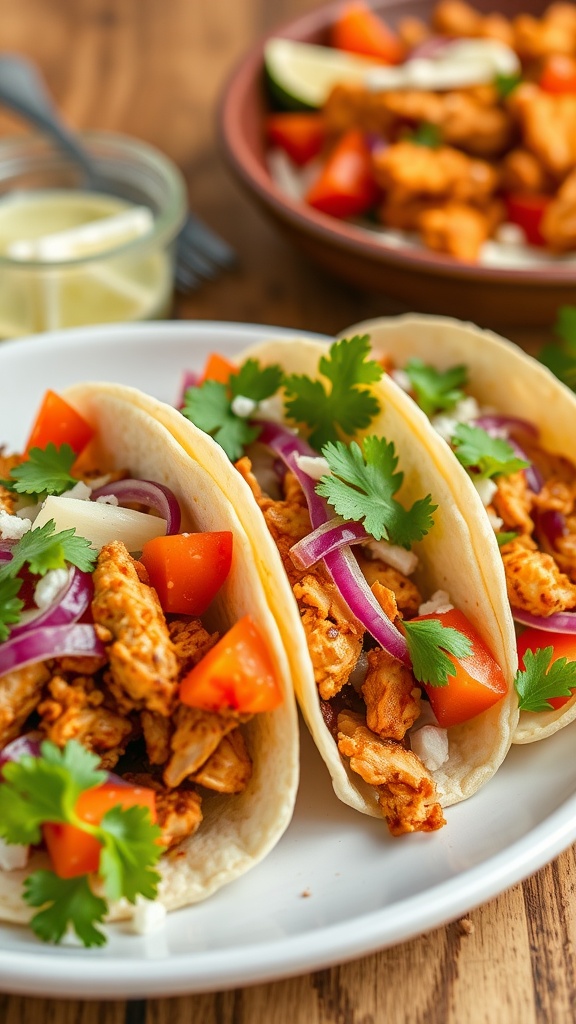 Three chicken tacos topped with fresh salsa, cilantro, and onions on a plate.