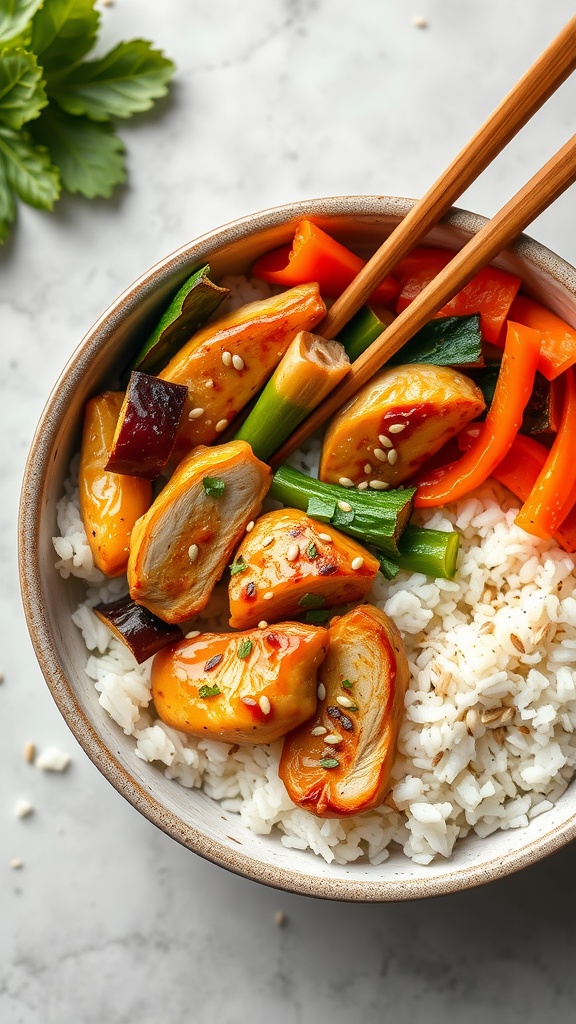 A colorful bowl of chicken teriyaki with rice and vegetables