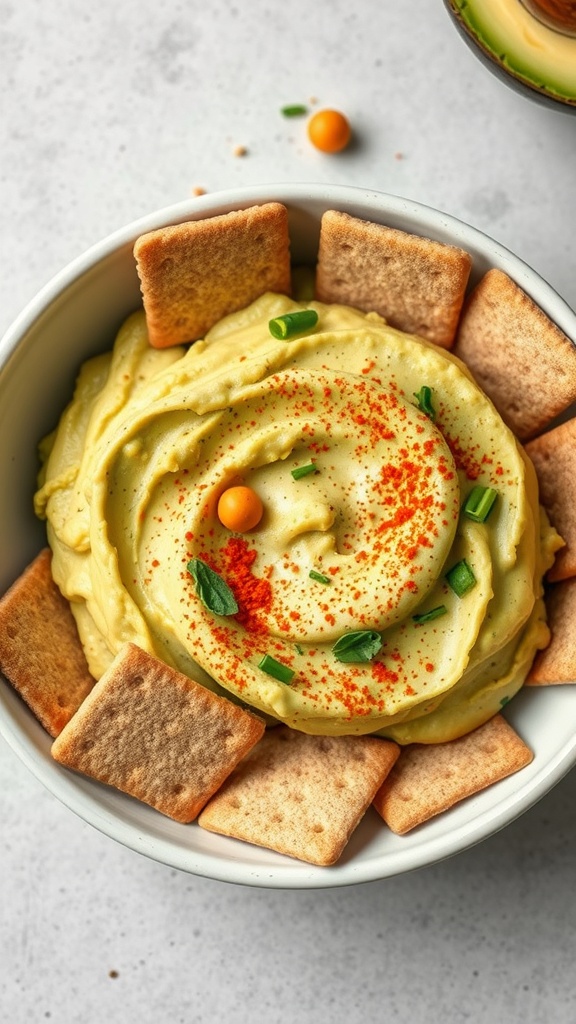 A bowl of chickpea and avocado mash garnished with cilantro and served with tortilla chips.