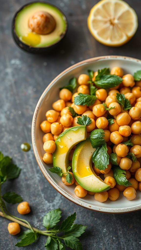 A bowl of chickpea and avocado salad with fresh parsley and lemon.
