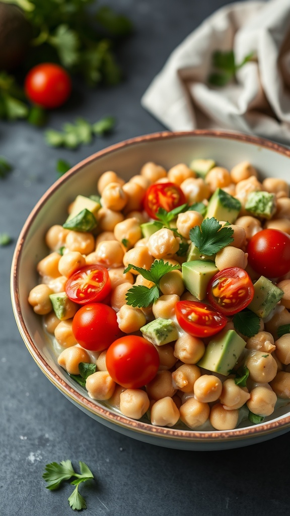 A bowl of chickpea and avocado salad topped with cherry tomatoes and cilantro.