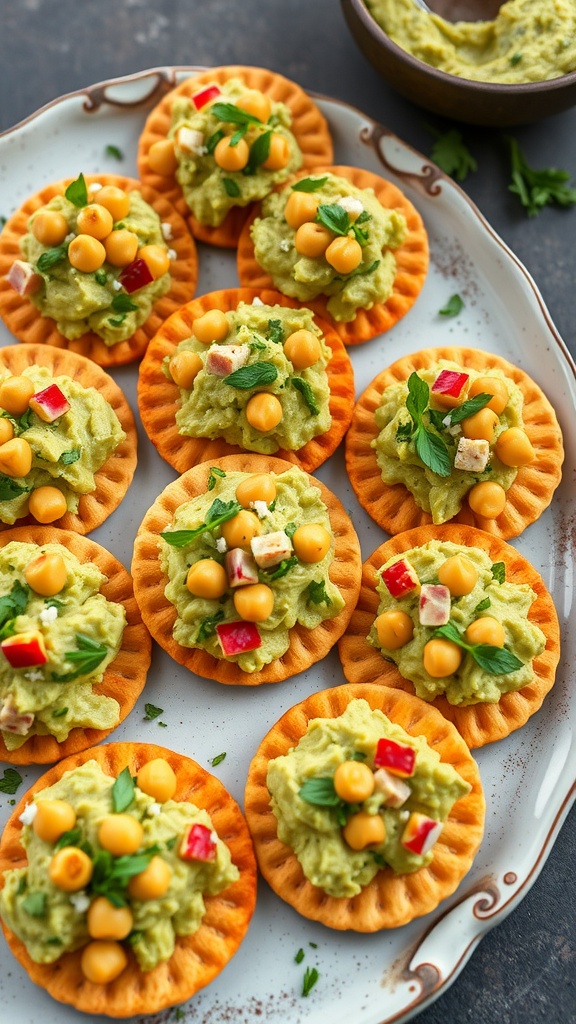 Chickpea and avocado smash served on crackers, garnished with fresh herbs and vegetables.