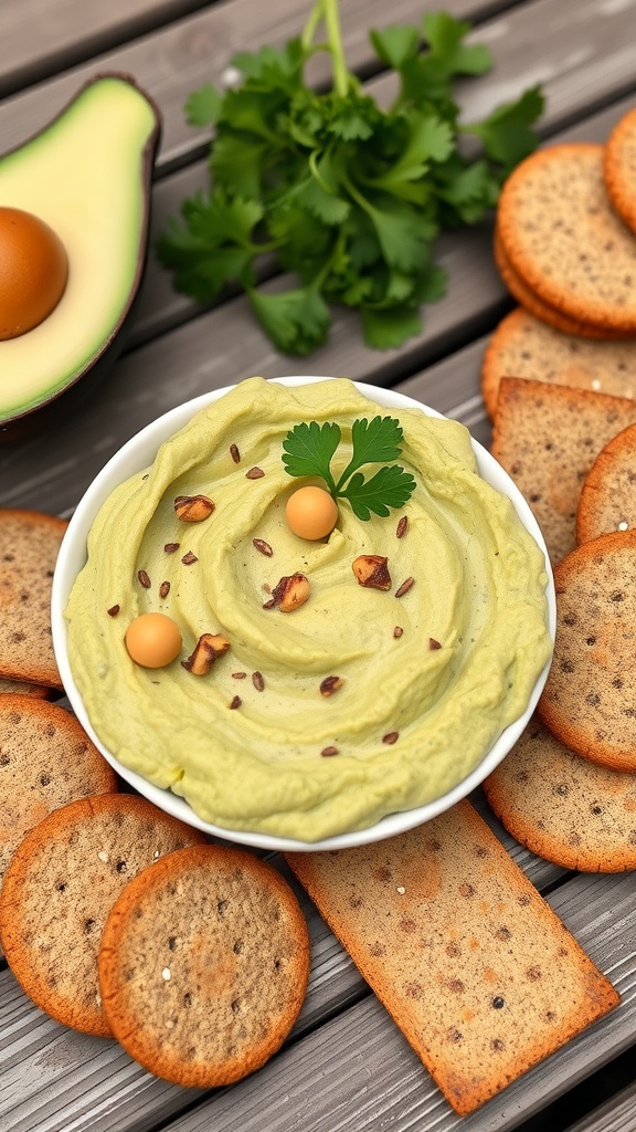 Chickpea and avocado spread served with crackers