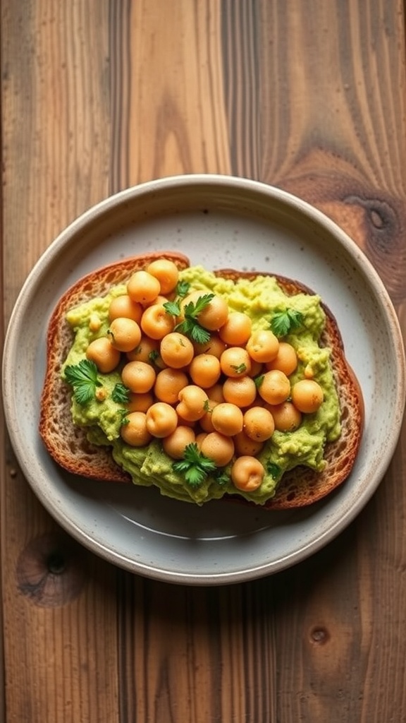 Chickpea and avocado toast topped with chickpeas and cilantro on a wooden table.