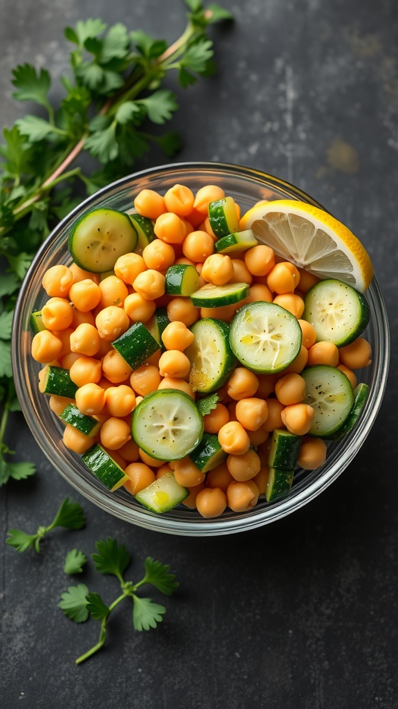 Chickpea and cucumber salad in a bowl with lemon slices and fresh cilantro
