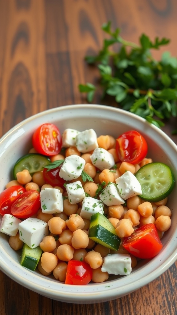 A colorful chickpea and feta salad with cherry tomatoes, cucumber, and feta cheese.