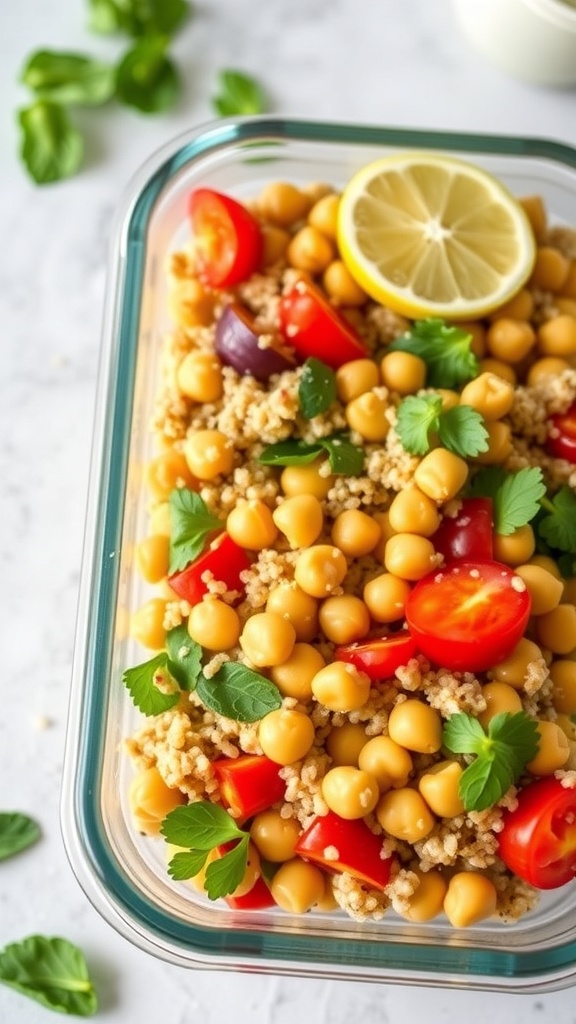 A colorful bowl of chickpea and quinoa salad with fresh vegetables.