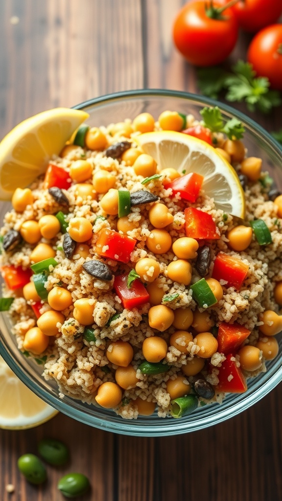 A bowl of colorful chickpea and quinoa salad with lemon slices and fresh vegetables.