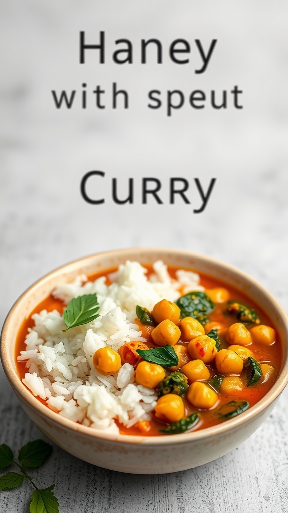 Bowl of Chickpea and Spinach Coconut Curry with rice