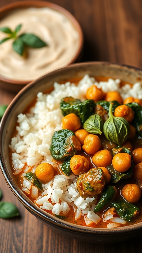 A bowl of chickpea and spinach curry served with rice