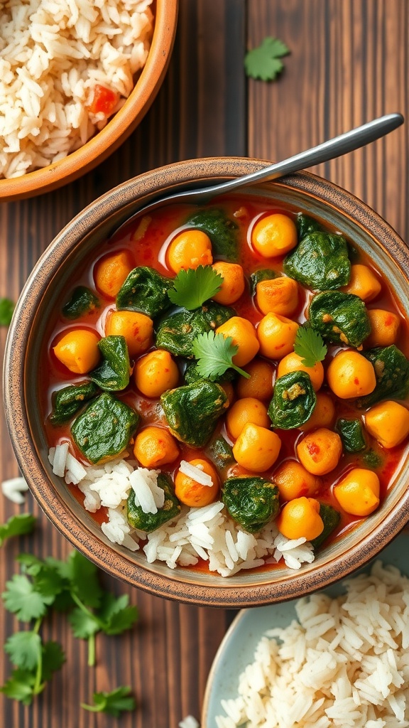 Chickpea and Spinach Curry served with rice and garnished with cilantro