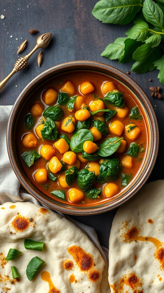 A bowl of chickpea and spinach curry served with naan bread.