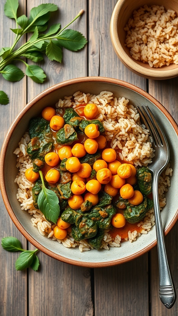 A bowl of chickpea and spinach curry served over rice