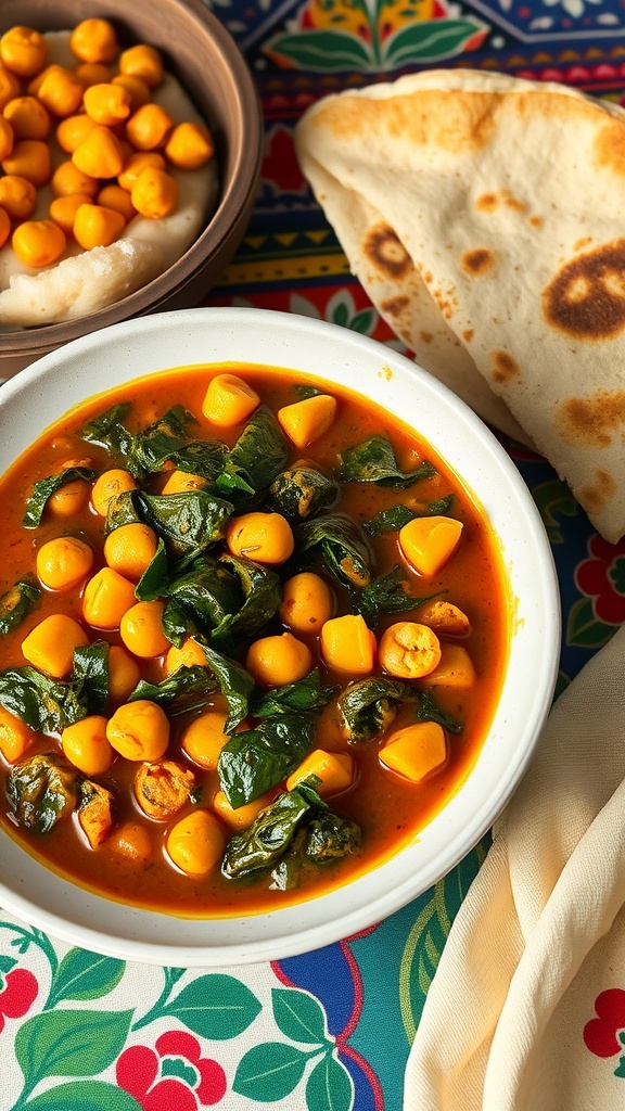 A bowl of chickpea and spinach curry with naan bread on the side.