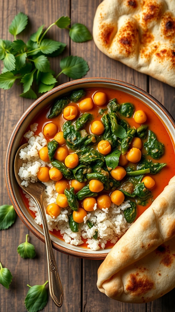 A bowl of chickpea and spinach curry served with rice and naan.