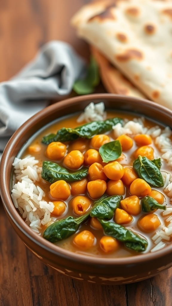 A bowl of chickpea and spinach curry served with rice and naan.