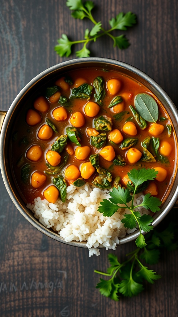 A bowl of chickpea and spinach curry served with rice and garnished with fresh herbs.