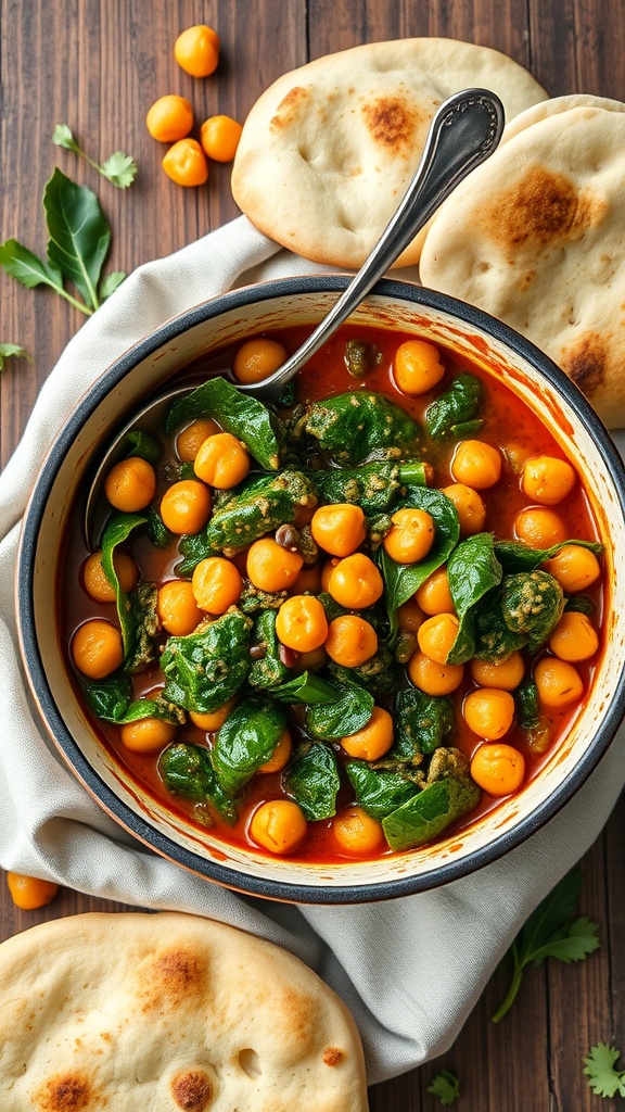 A bowl of chickpea and spinach curry with naan bread on the side.