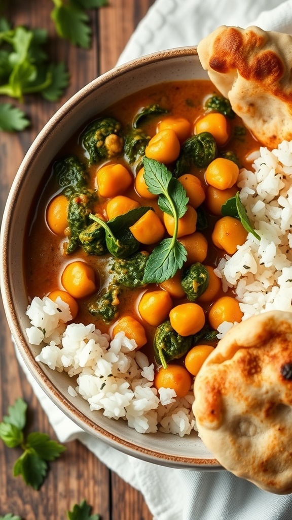 A bowl of chickpea and spinach curry served with rice and naan.