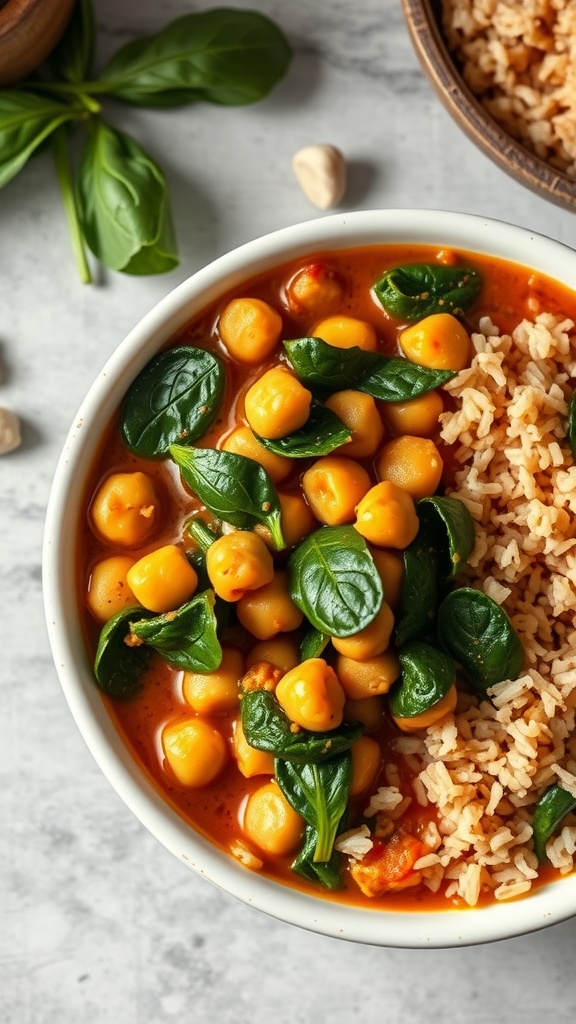 A delicious bowl of chickpea and spinach curry served with rice.