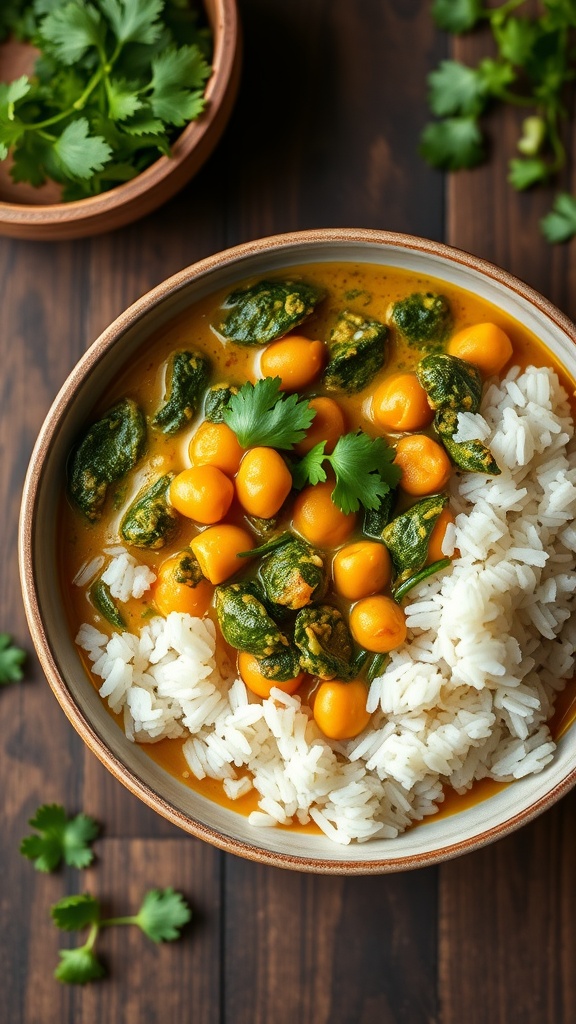 A bowl of chickpea and spinach curry with rice topped with fresh cilantro.