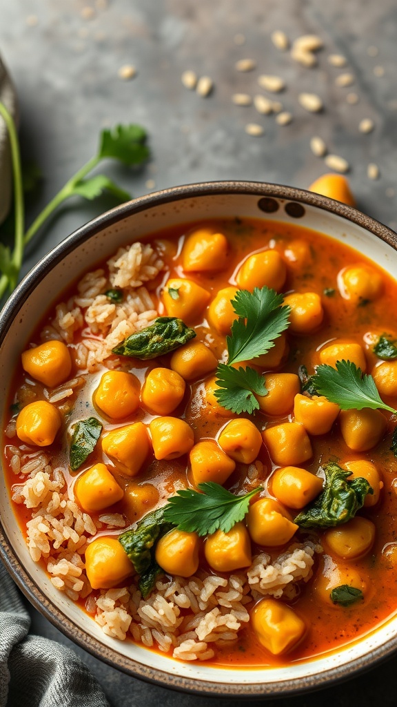 A bowl of chickpea and spinach curry served with rice