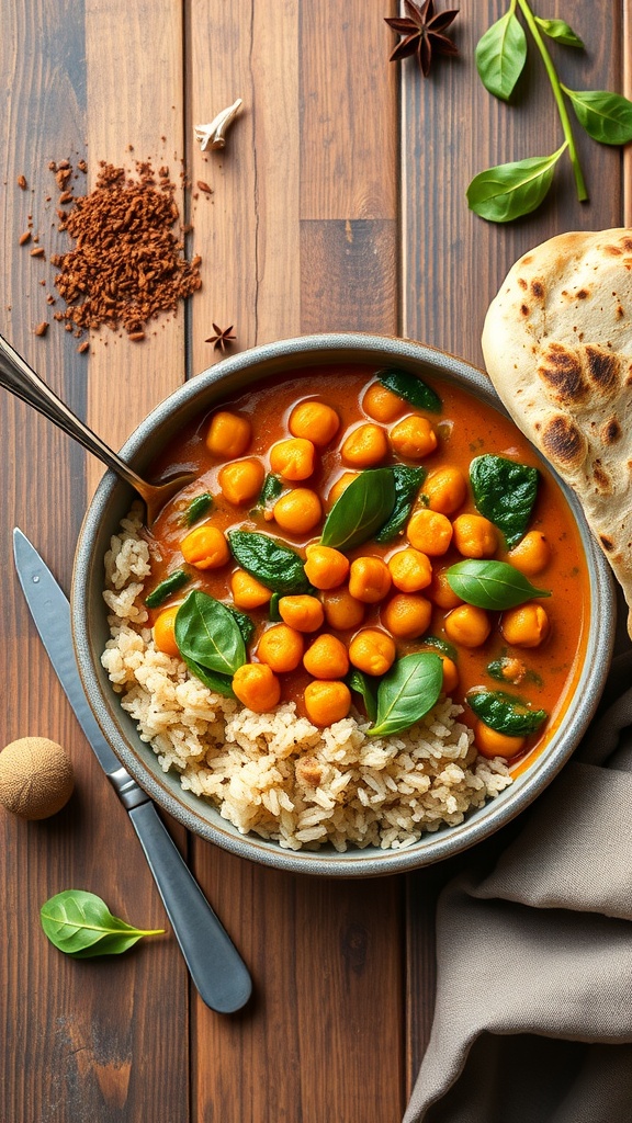 A bowl of chickpea and spinach curry served with rice and garnished with fresh spinach leaves.