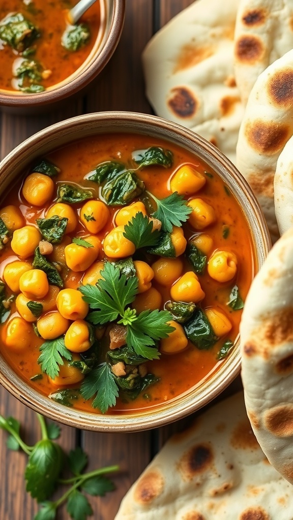 Delicious chickpea and spinach curry served with naan bread