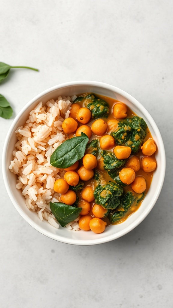 A bowl of chickpea and spinach curry served with rice.